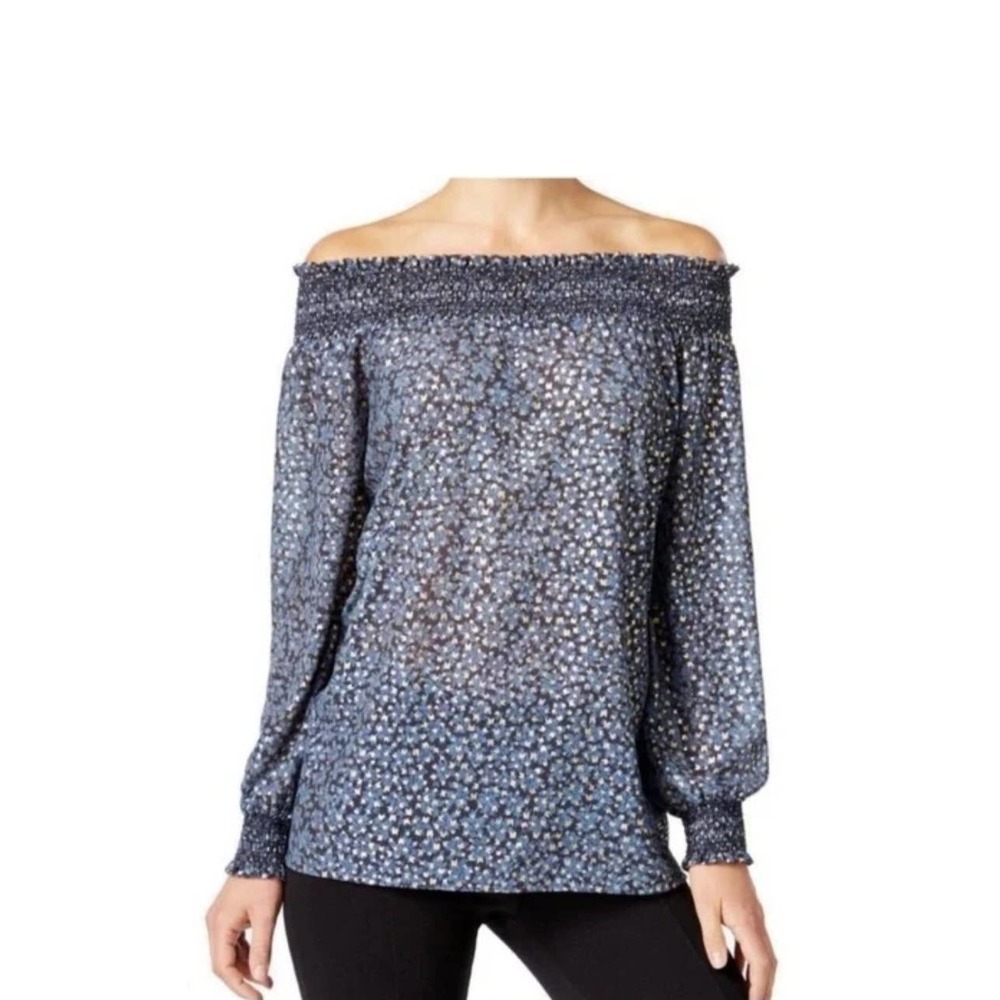 Michael Kors Womenβs Blue and gold Off the Shoulder semi Sheer medium EUC